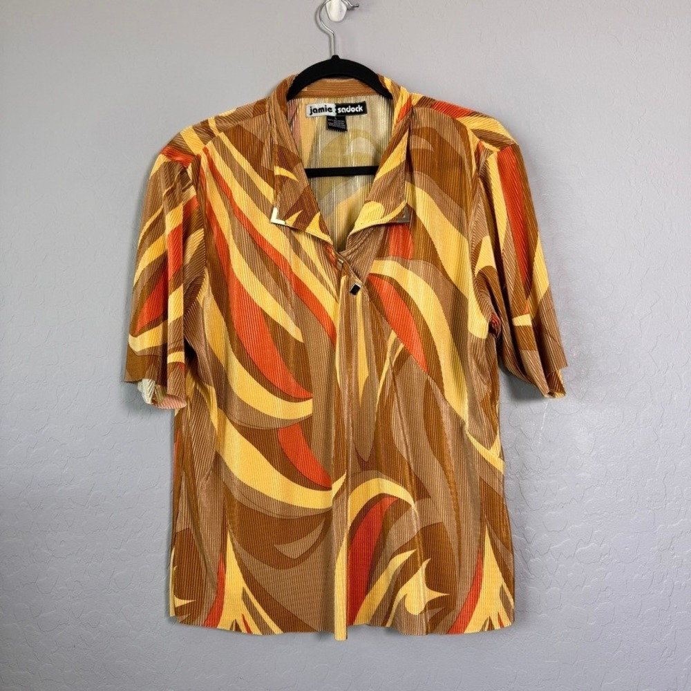 Jamie Sadock Large Top Brown Orange Yellow Short Sleeve Pleated Zip Abstract